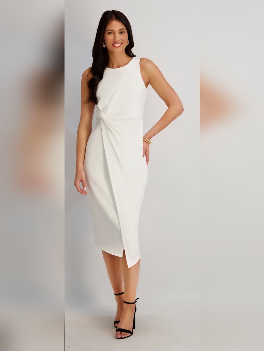 NWT~ Siena Ruched Side-Twist Sleeveless Midi Dress White Minimalist Chic